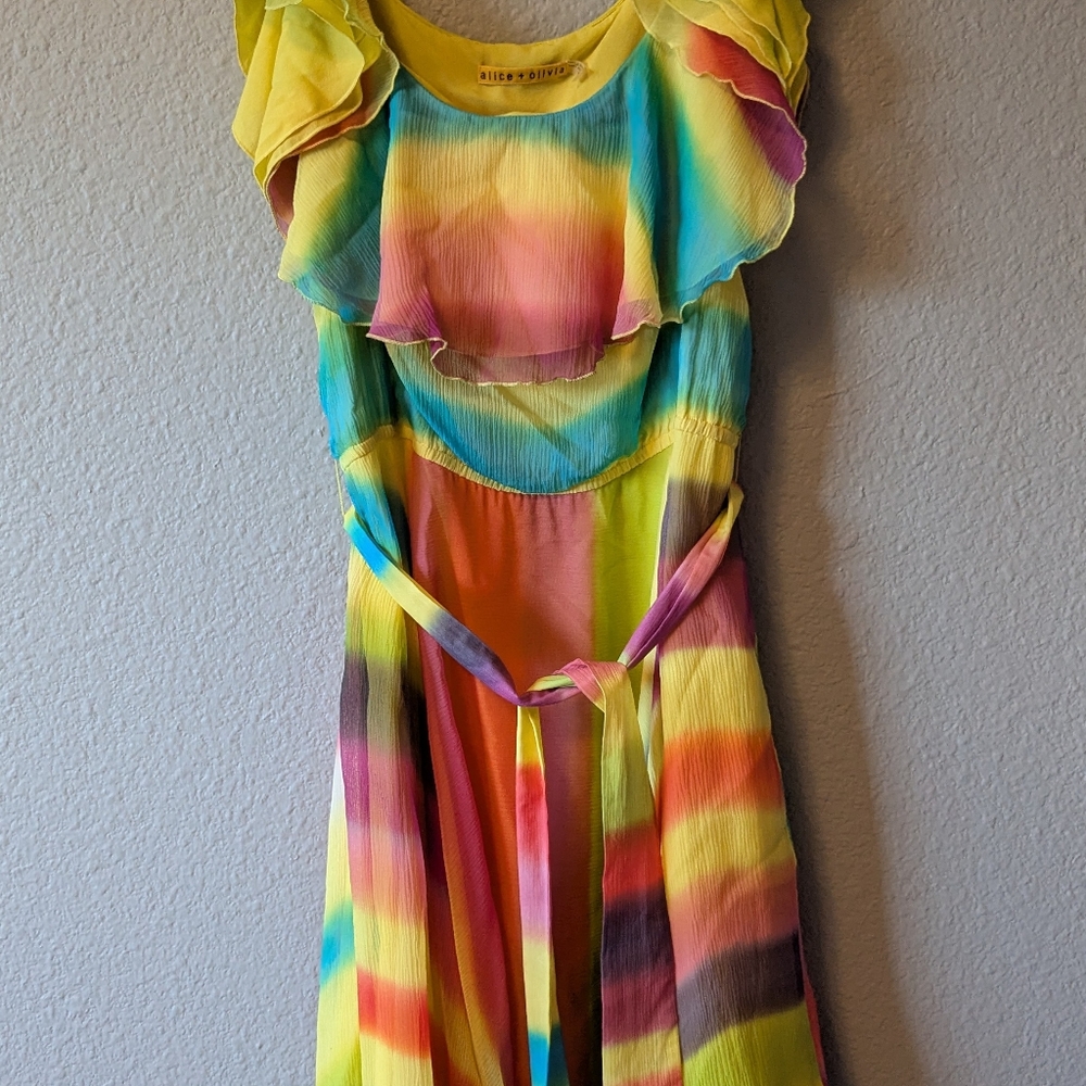 💥SALE💥 Alice + Olivia Vibrant Multicolor Rainbow Ruffle Dress 100% Silk Sz. M - Picture 10 of 13
